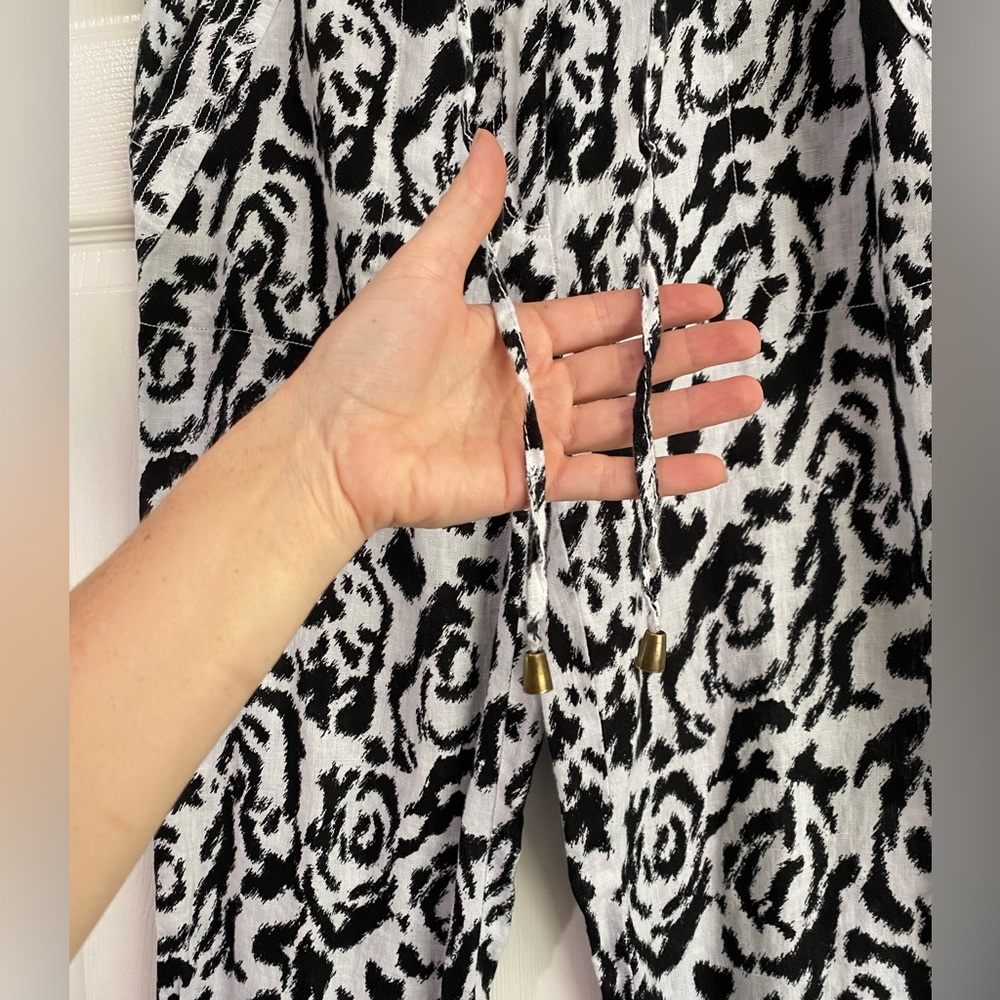 Madison 100% Linen Pants Size 12 Black and White Elastic Waist Drawstring Beach - Picture 7 of 13